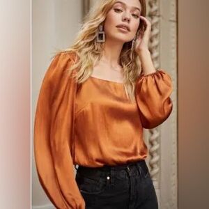 Astr The Label Satin Square Neck Blouse in Bronze